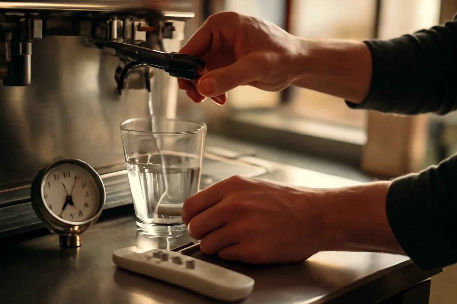 Espresso equipment tech testing water pressure in a Phoenix cafe