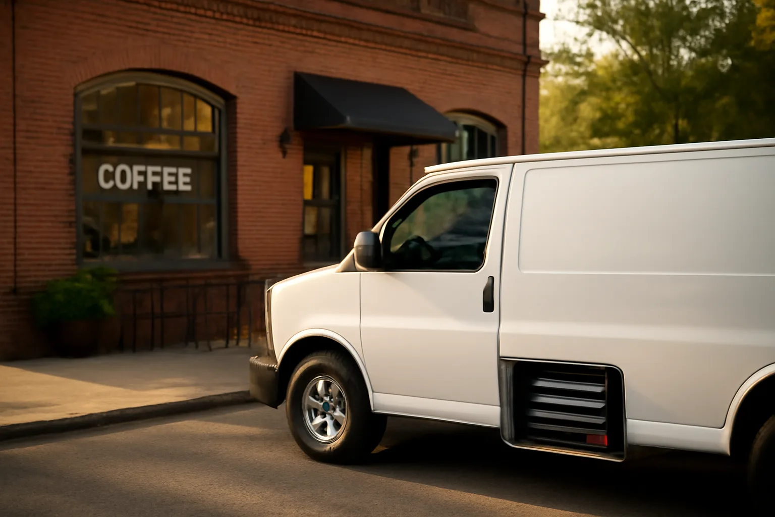 espresso technician van parked outside a brick coffee shop in Little Rock Arkansas