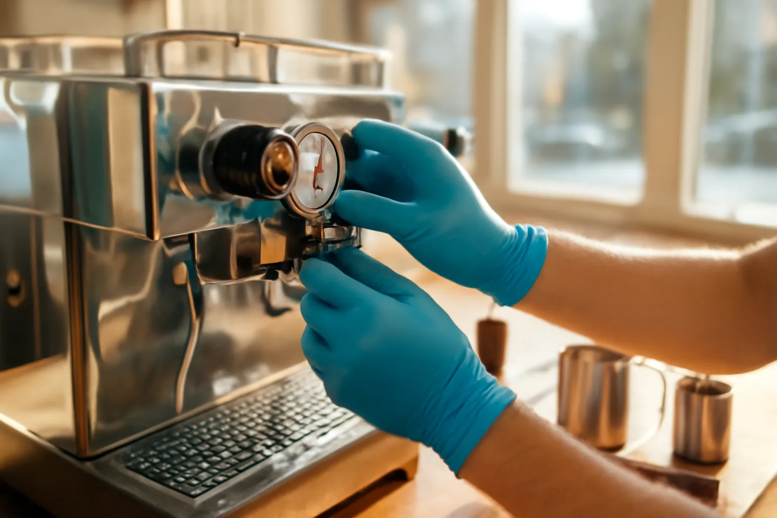Espresso equipment technician adjusting a pressure gauge on a commercial espresso machine in a Colorado coffee shop.
