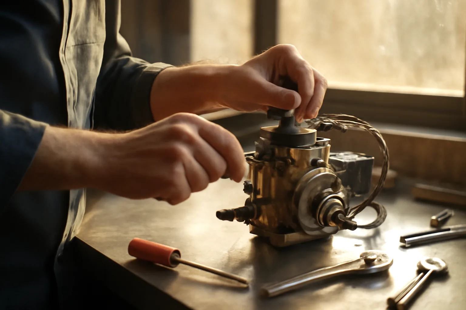 Technician hands adjusting espresso machine pump in Phoenix repair shop