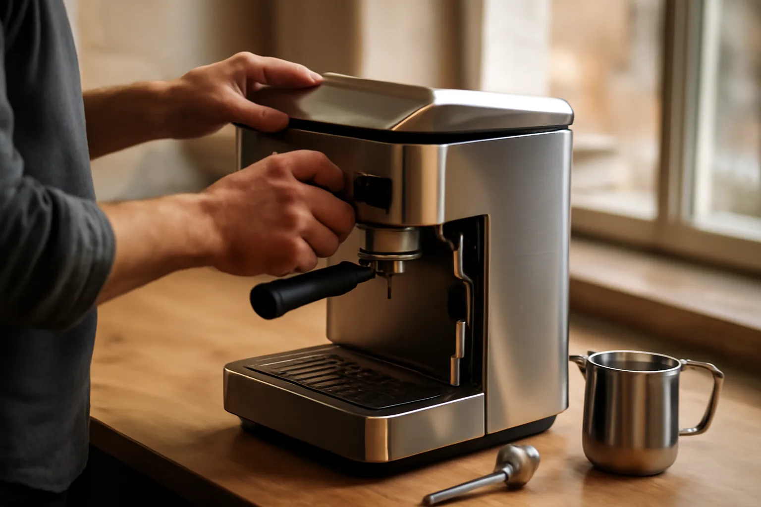 Technician inspects an espresso machine on a cafe counter in California