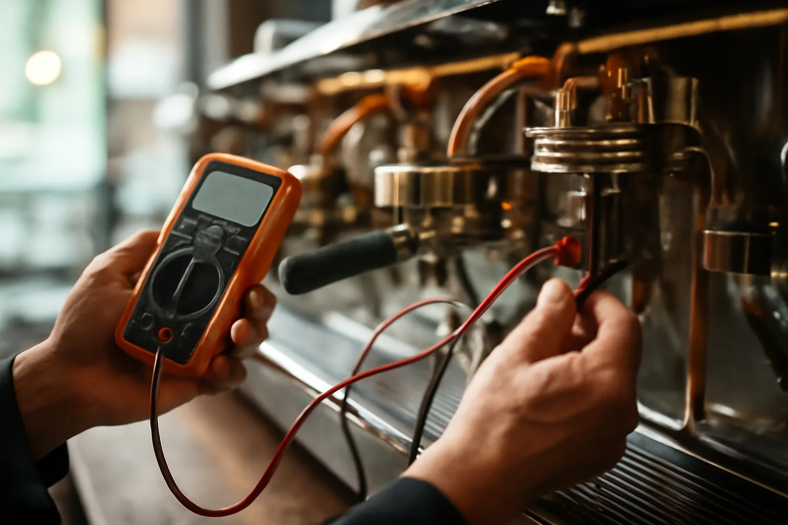 Espresso machine technician testing electrical components in a Colorado coffee shop