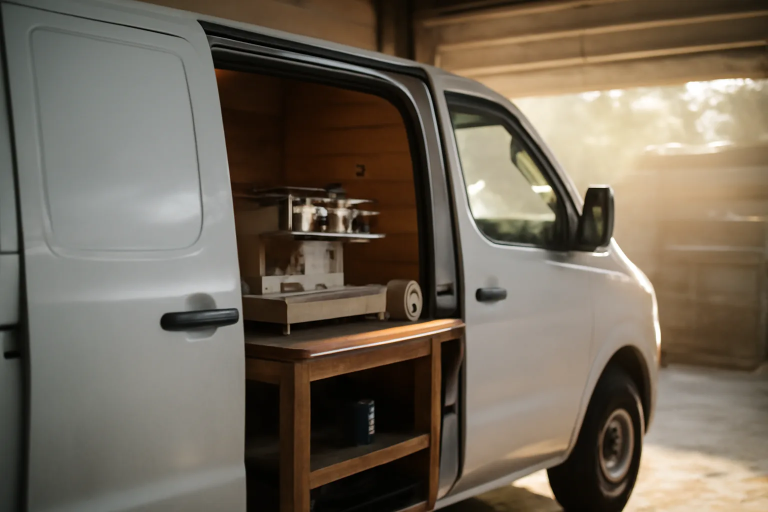 Espresso equipment technician tools inside a California garage
