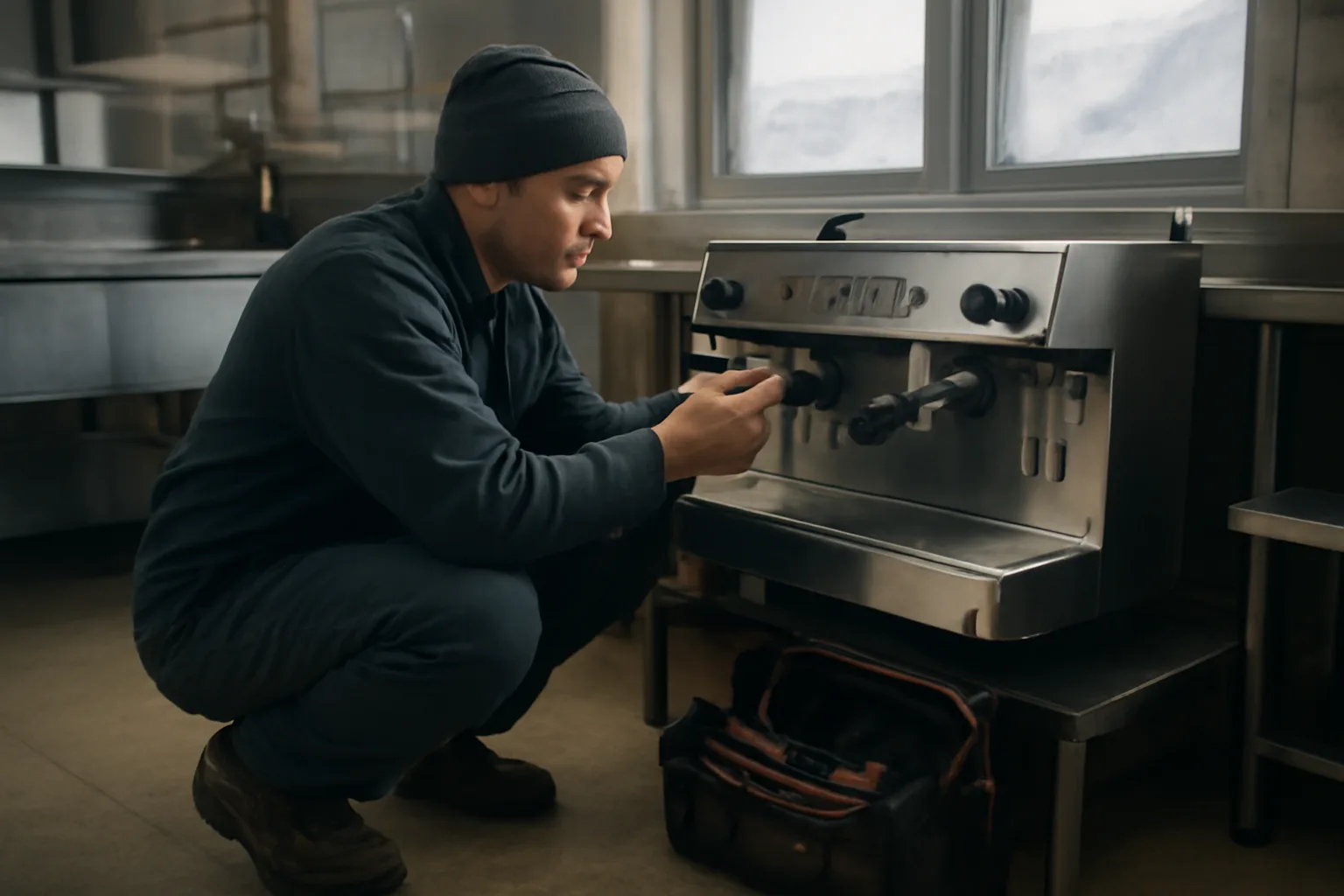 Technician servicing a commercial espresso machine in an Alaska commercial kitchen