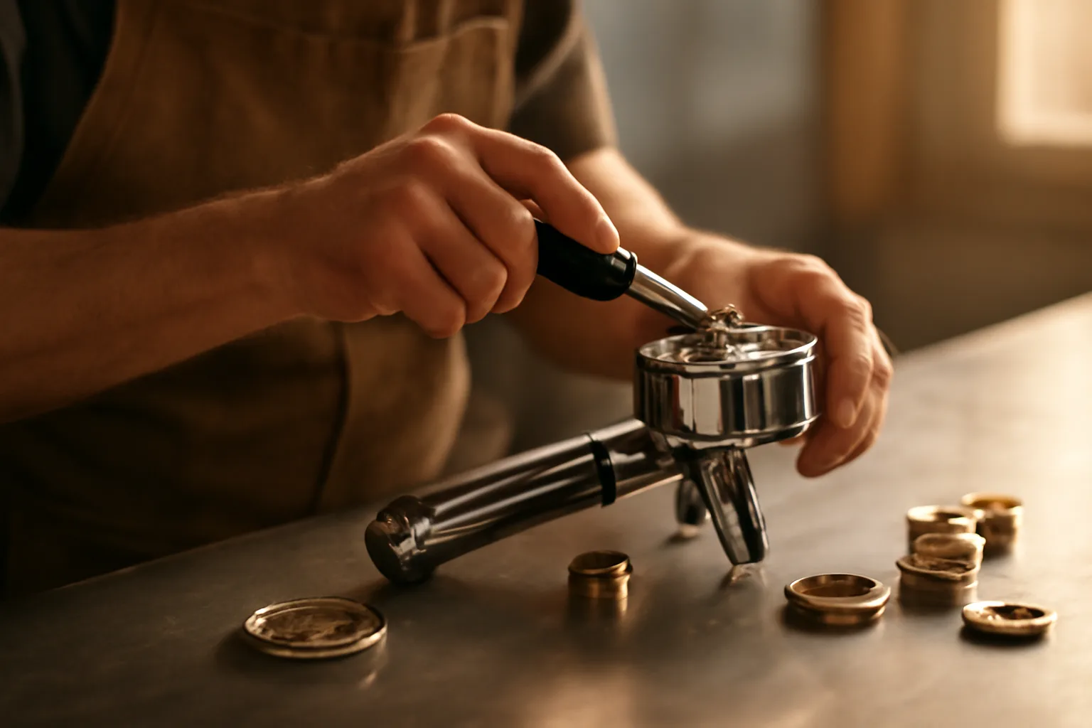 Technician rebuilding an espresso machine group head on a stainless workbench