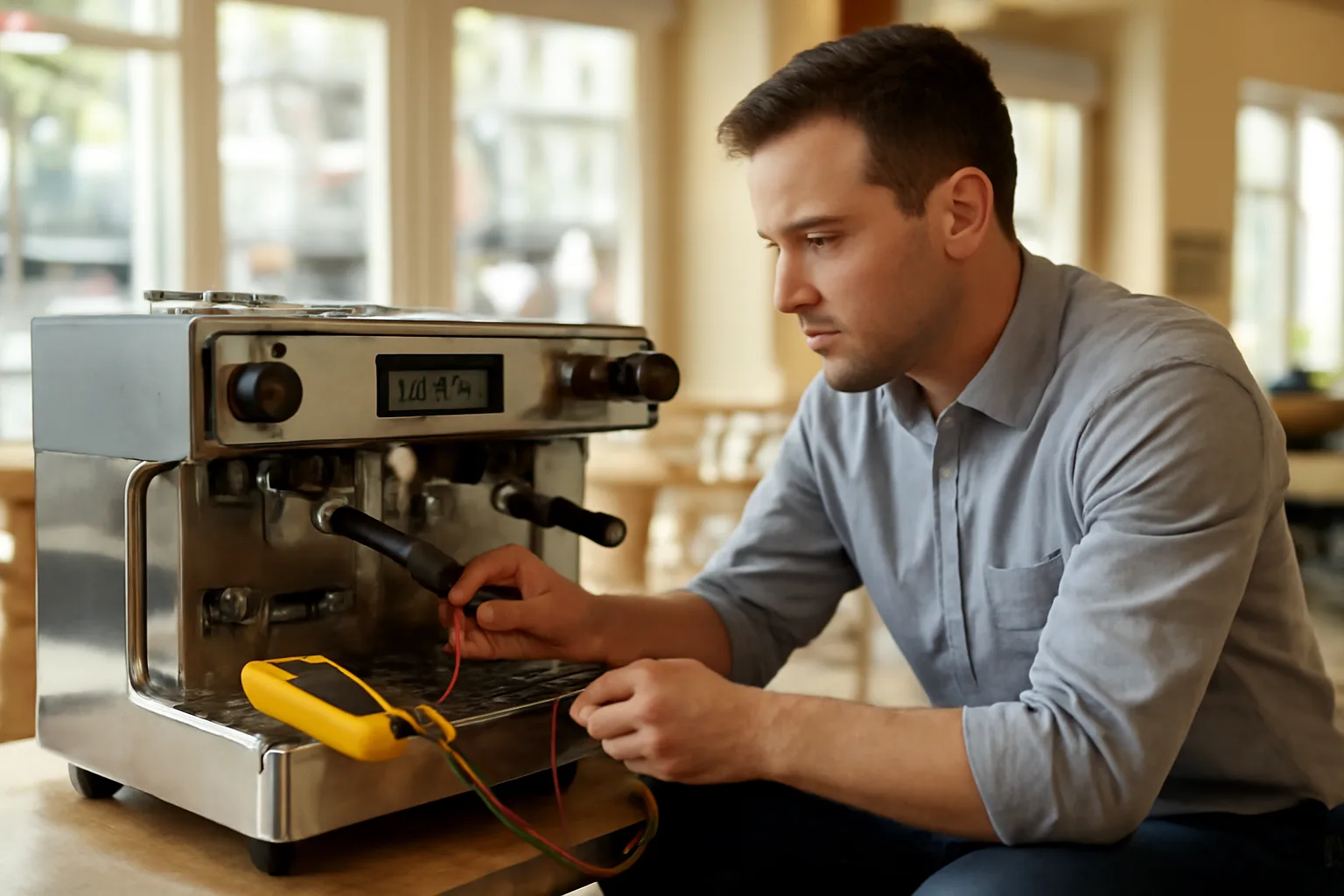 Technician repairing an espresso machine control board in a Connecticut cafe