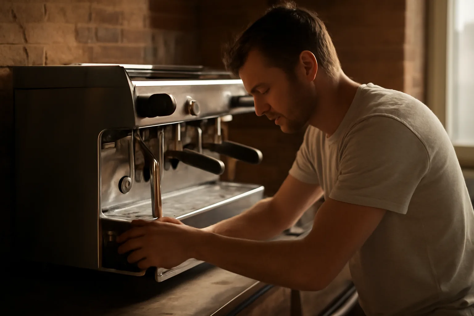 Technician opening a two-group espresso machine in a Delaware cafe