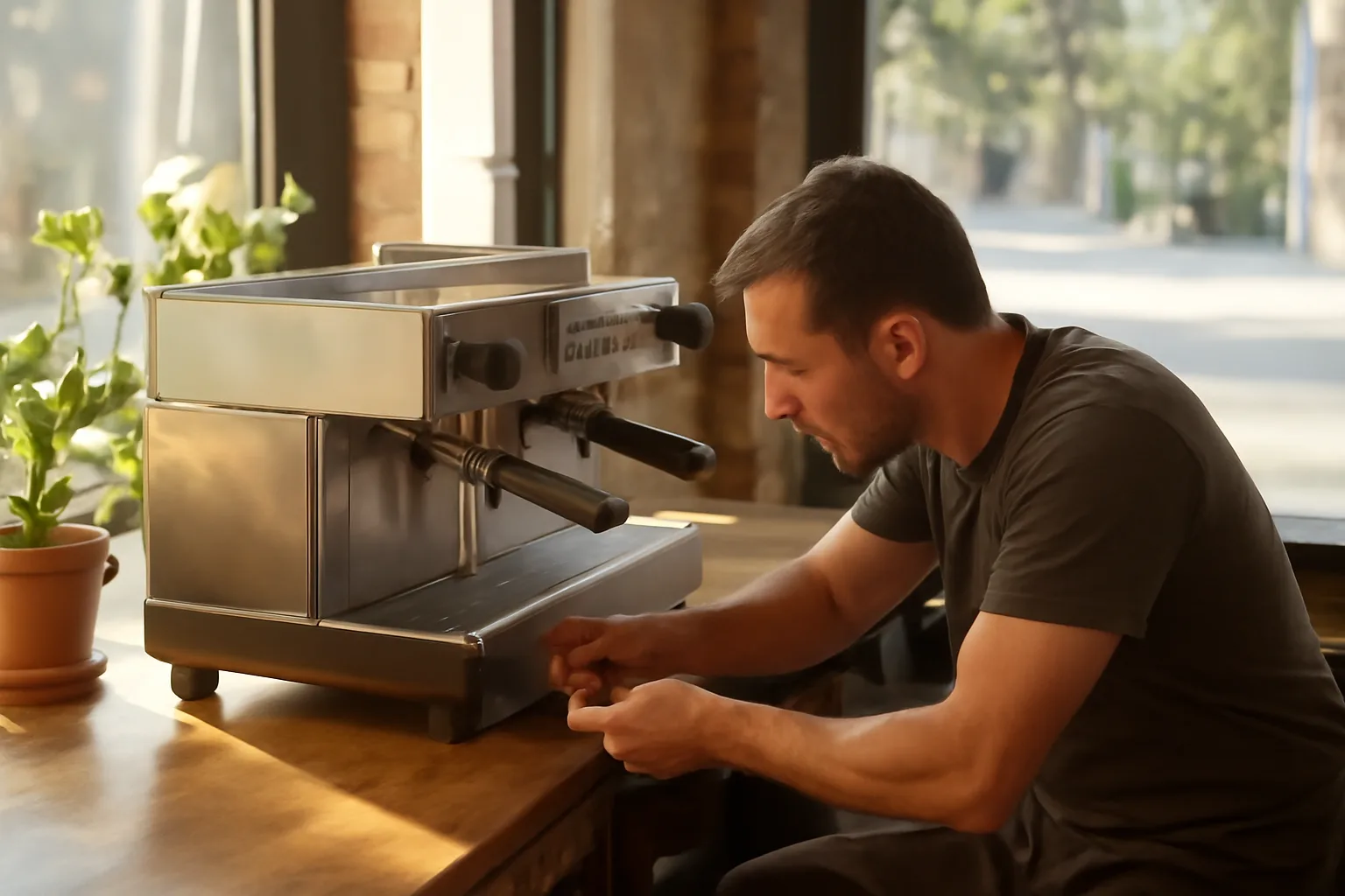 Technician servicing an espresso machine in a sunlit Florida cafe