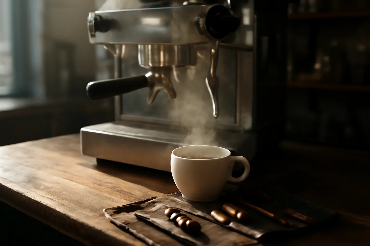 Espresso machine and tools on a Georgia cafe counter in morning light
