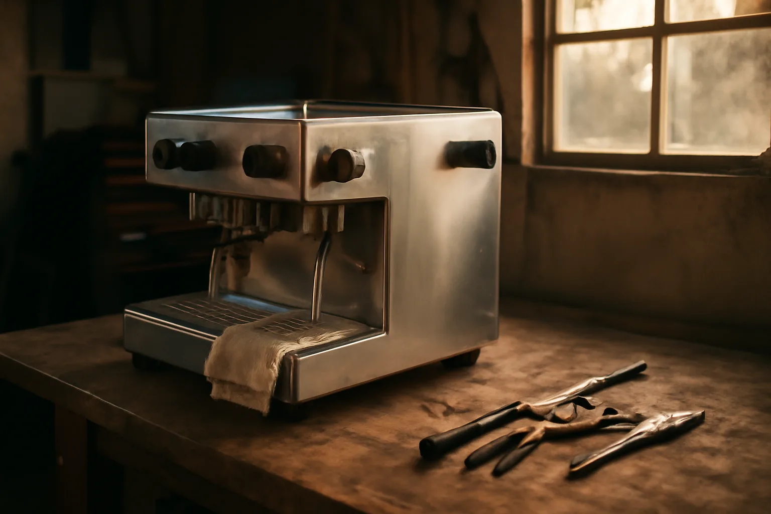 Commercial espresso machine on a Honolulu workbench during service