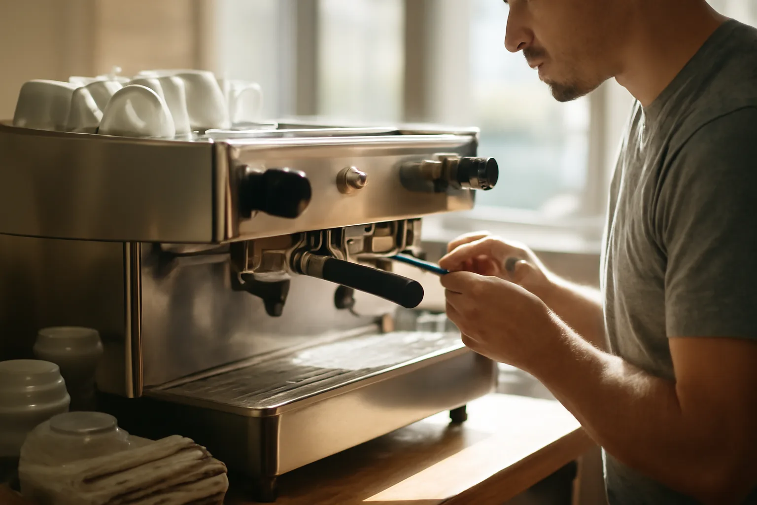 Technician replacing a group gasket on an espresso machine in Boise