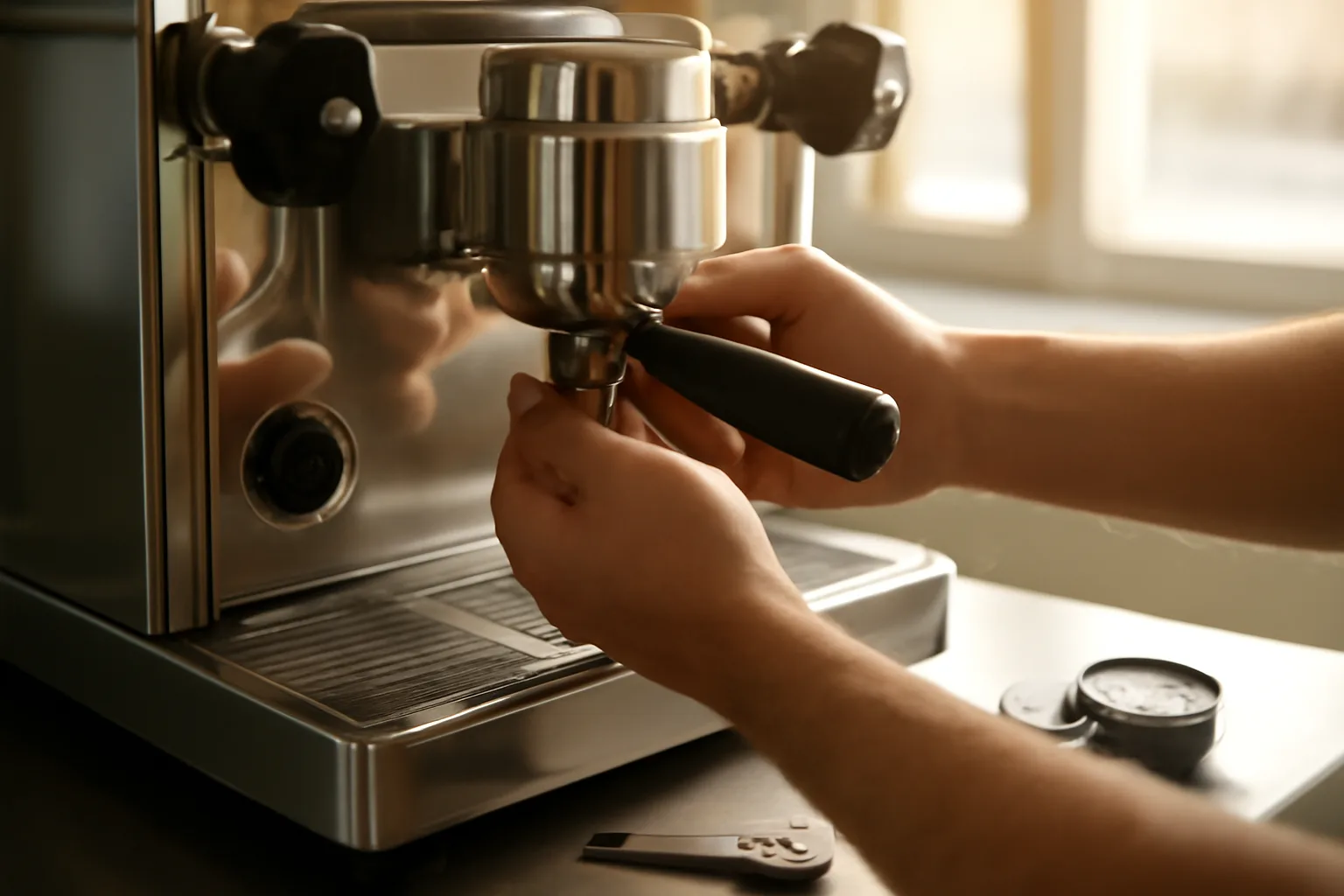 Technician servicing a commercial espresso machine group head with tools on counter