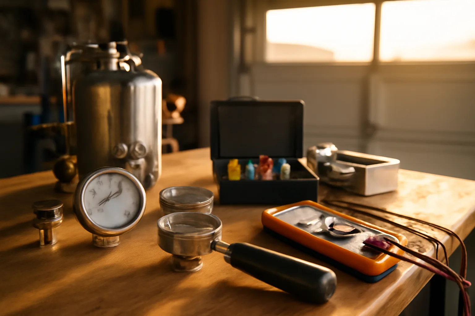 Espresso equipment technician workbench with tools and machine parts in Arizona garage