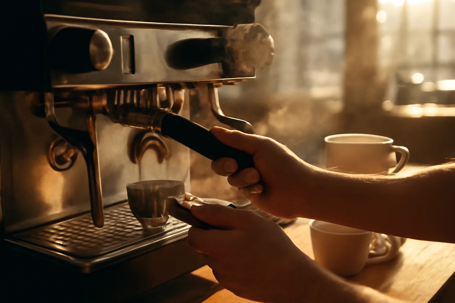 Hands locking a portafilter on a cafe espresso machine in Florida