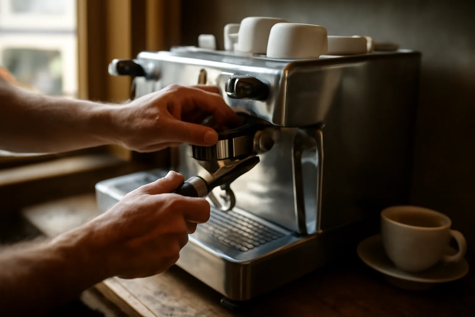 Technician servicing an espresso machine in a Georgia cafe
