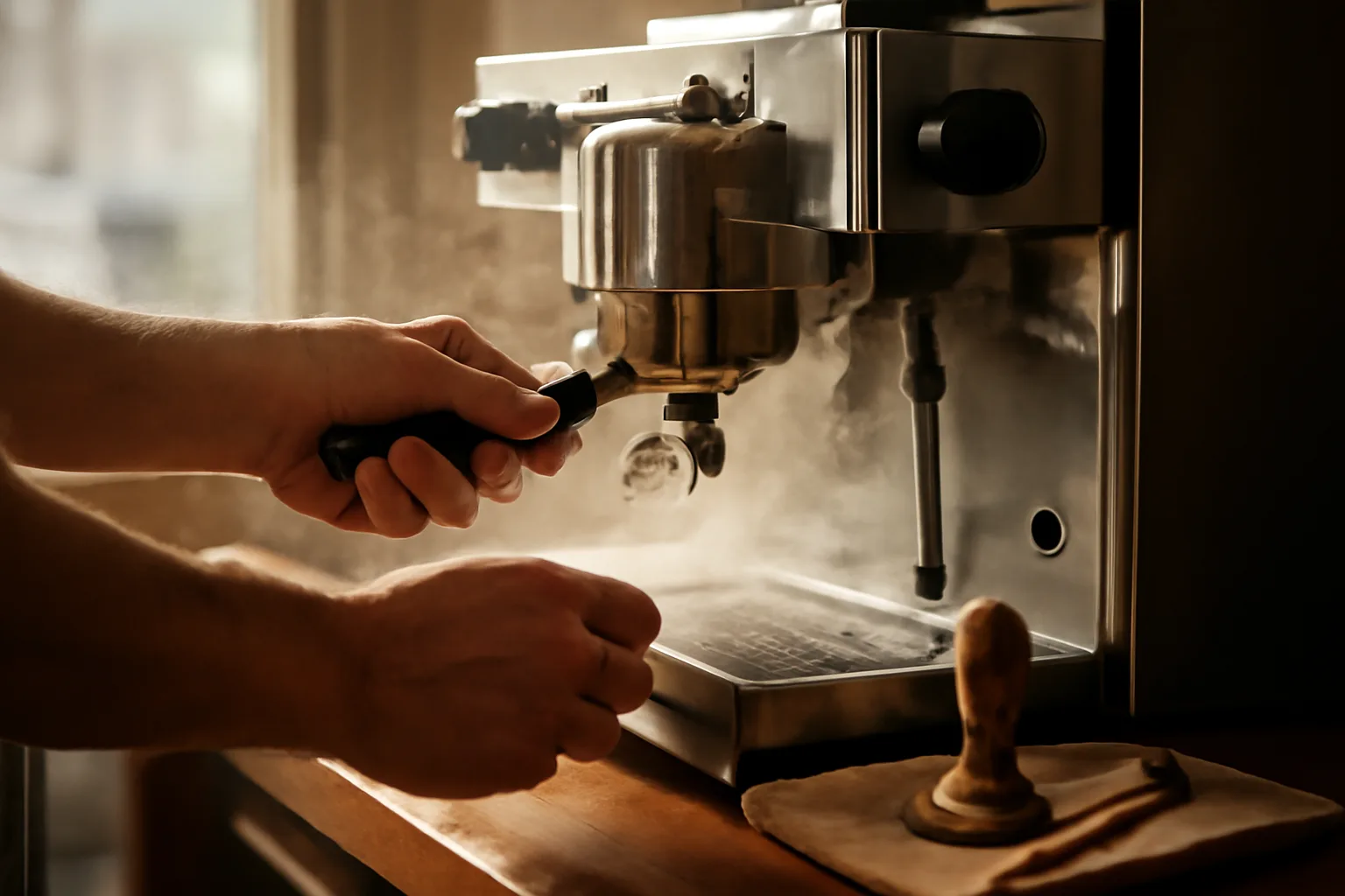 Technician servicing espresso equipment in a sunlit Honolulu cafe