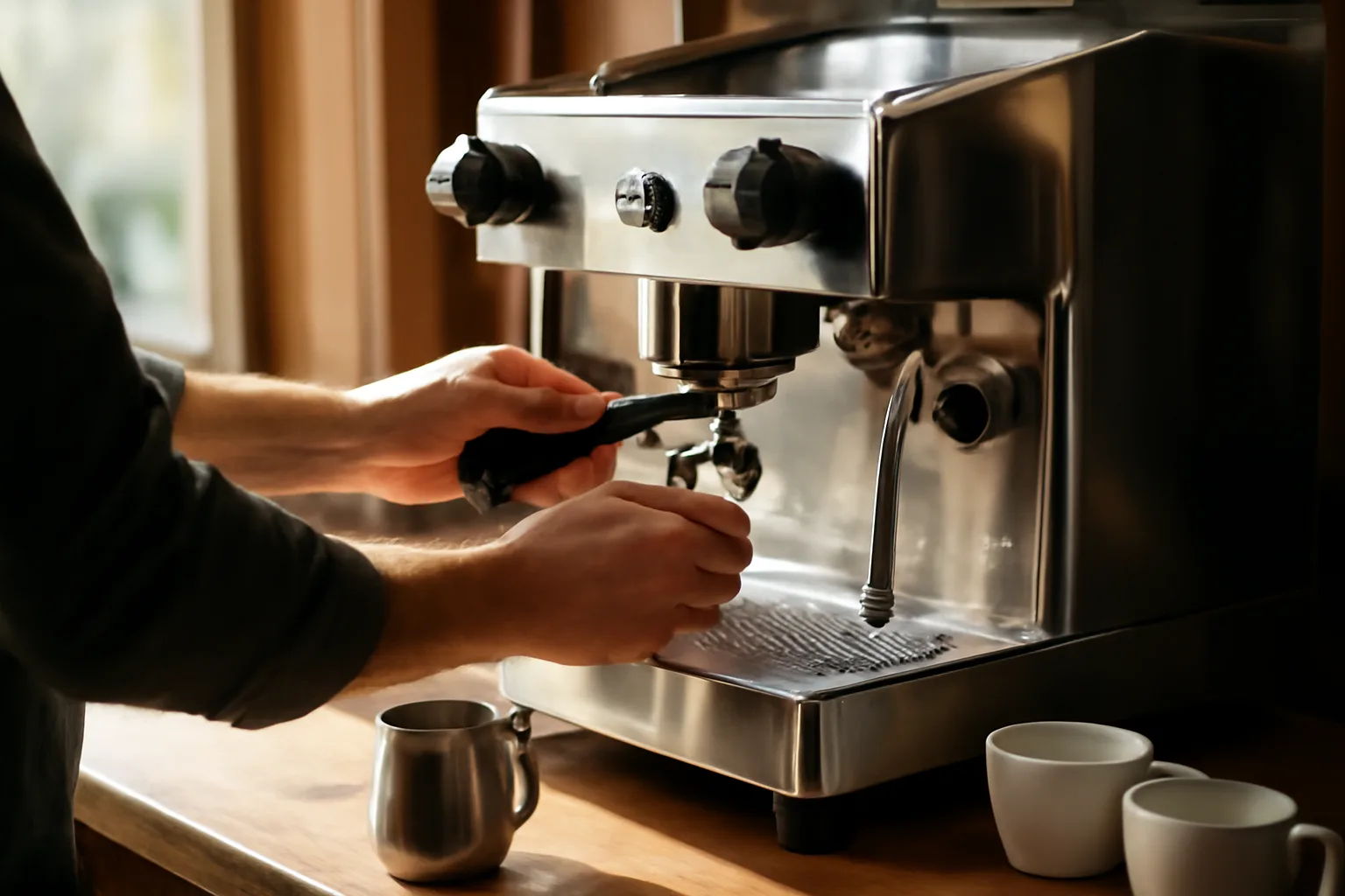 Technician working on espresso equipment in an Idaho cafe