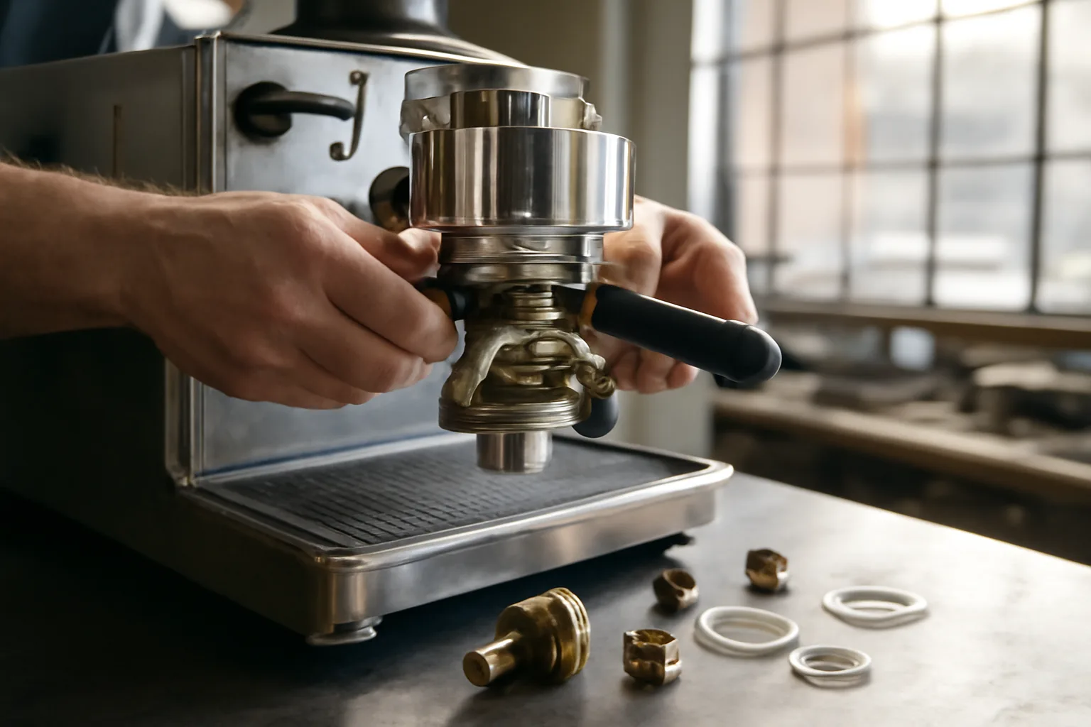 Technician reassembling commercial espresso machine group head on workshop bench in Alabama