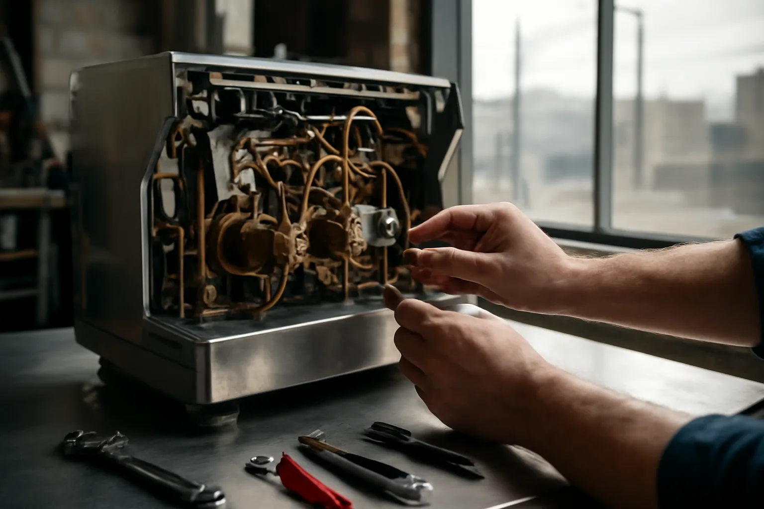 Technician servicing an open commercial espresso machine in an Alaska workshop