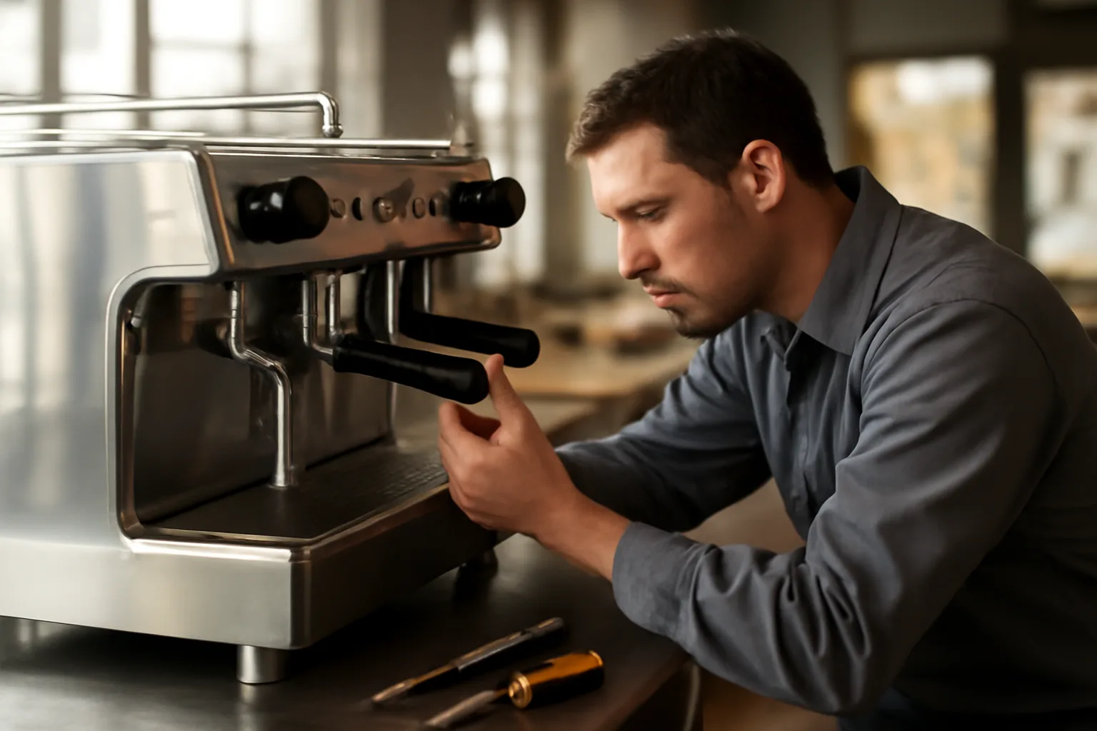 Technician inspecting espresso machine group head during service call in Arizona cafe