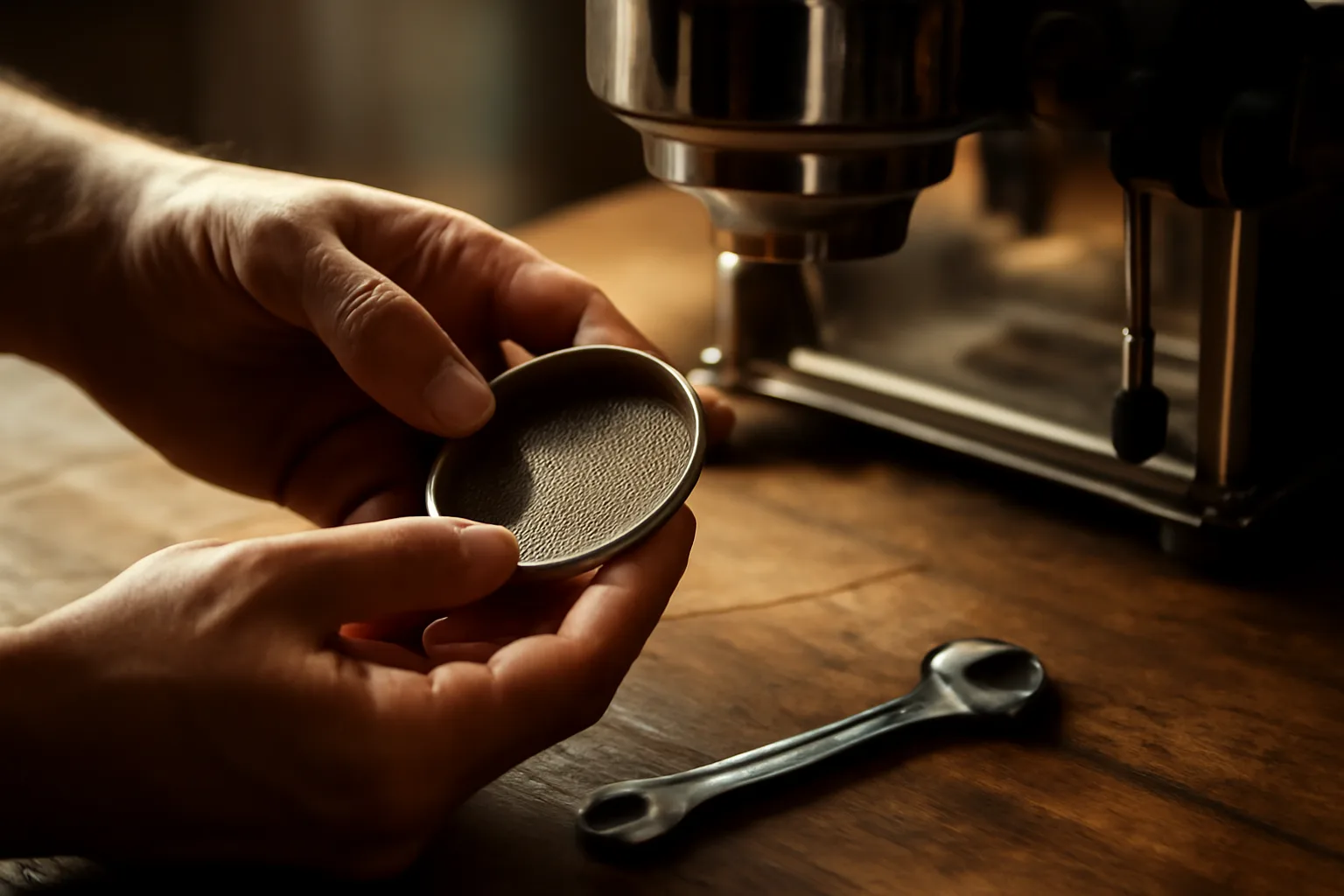 Technician hand tools service an espresso machine group head on cafe counter
