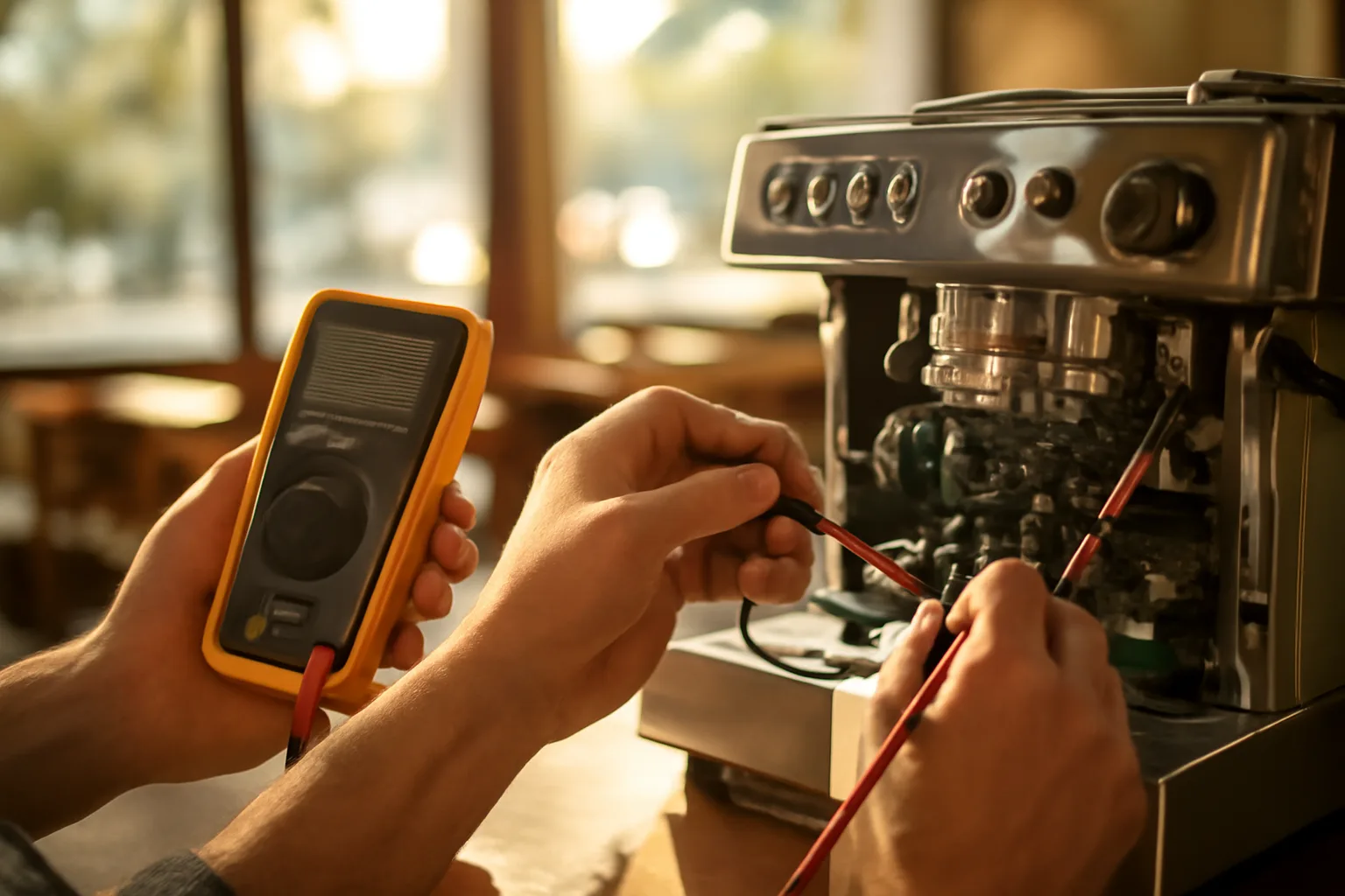 Technician testing espresso machine electronics with multimeter in a sunlit cafe, no text