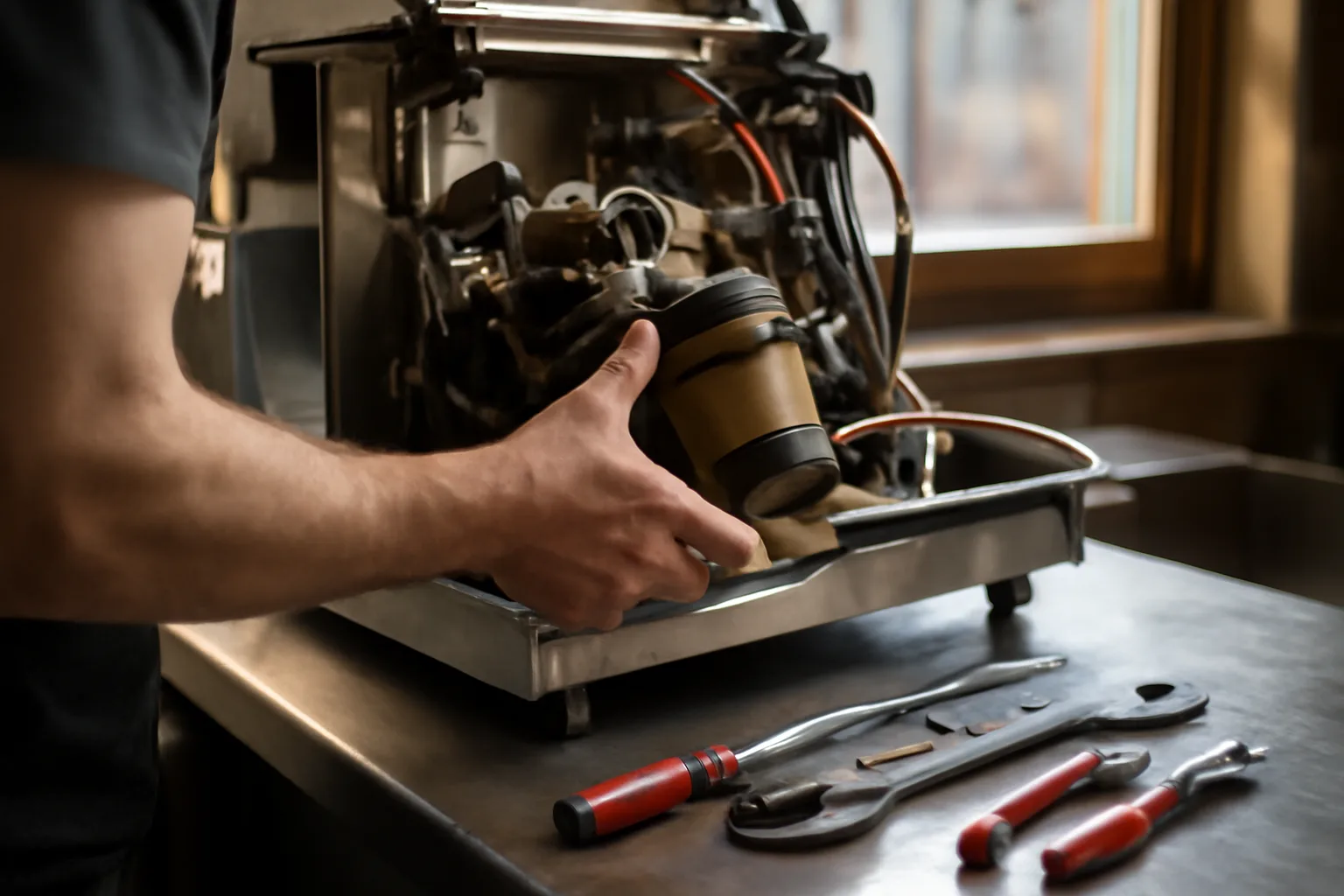 Espresso equipment technician working on a machine in Denver