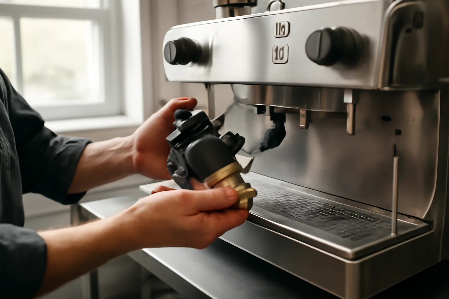 Technician repairing commercial espresso machine in Connecticut bakery kitchen