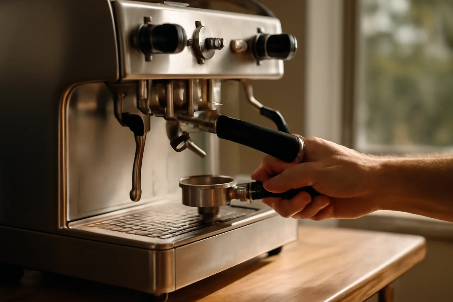 Technician holding a portafilter at a Florida cafe espresso machine