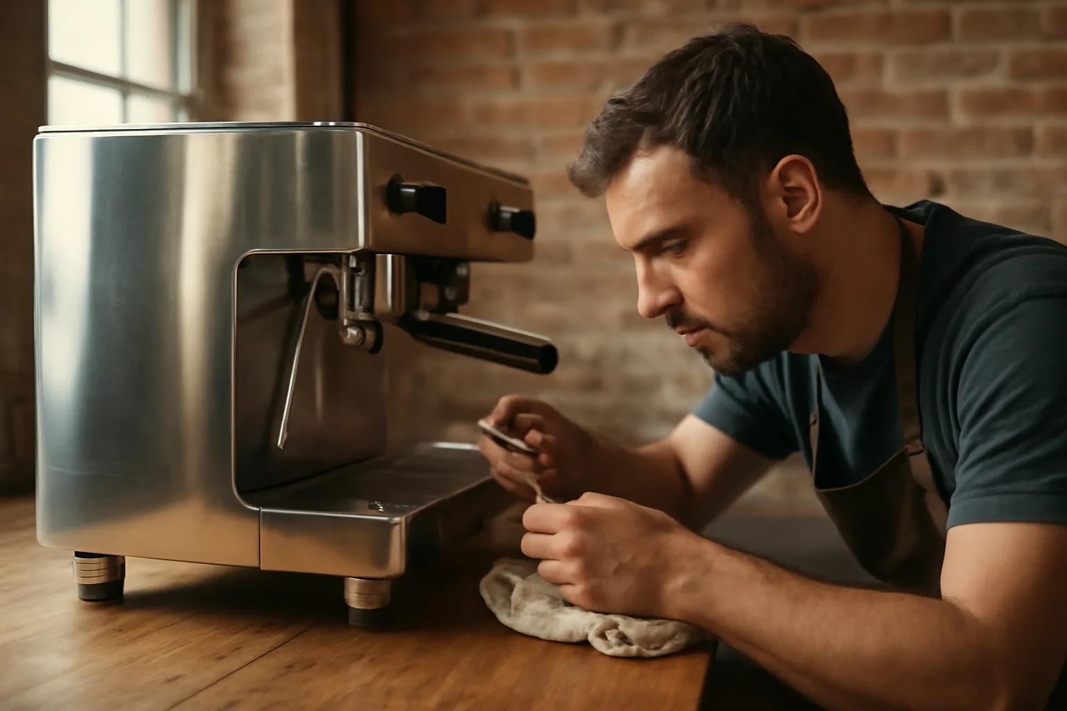 Technician servicing an espresso machine in a Georgia cafe