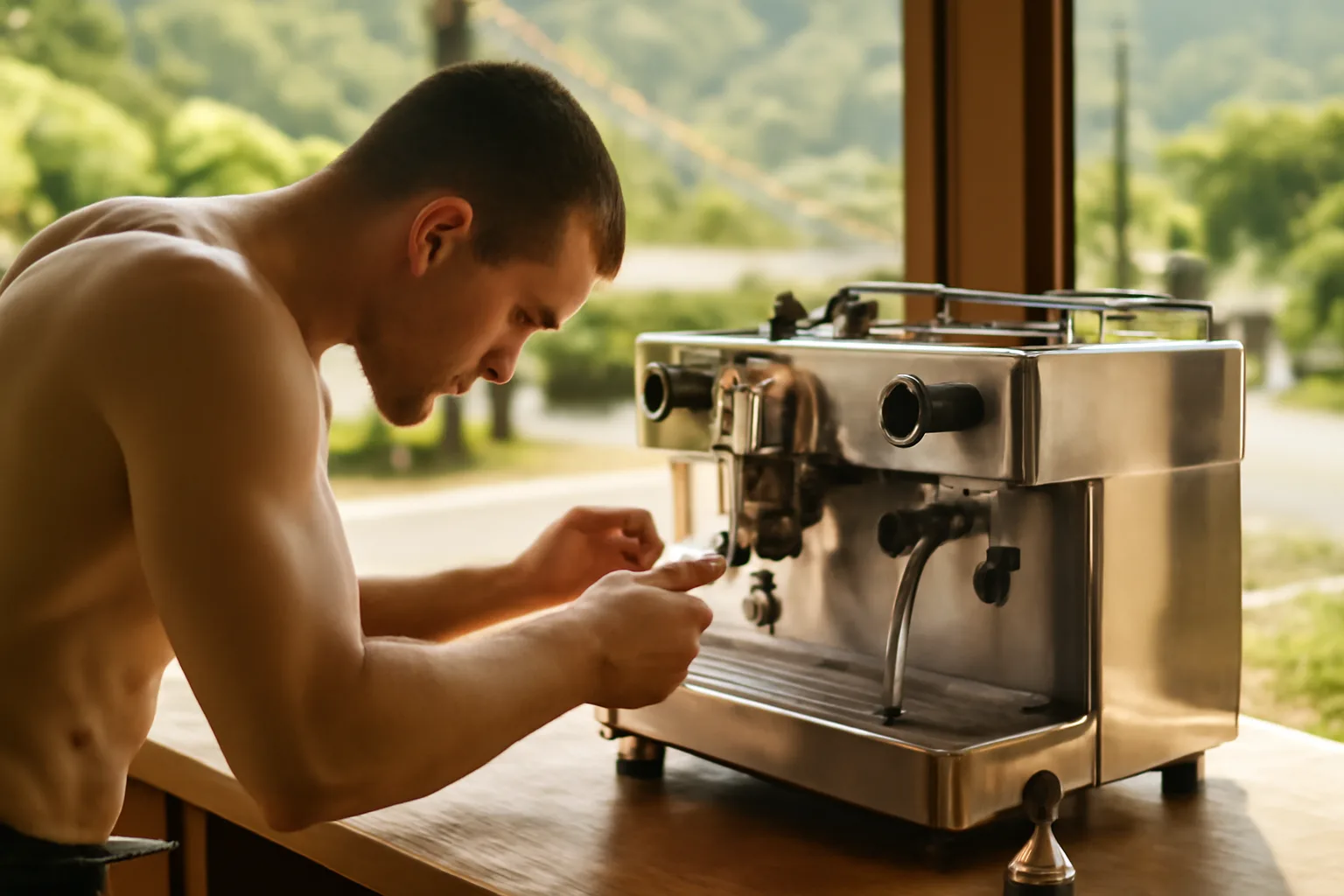 Technician services espresso equipment at a Honolulu cafe bar