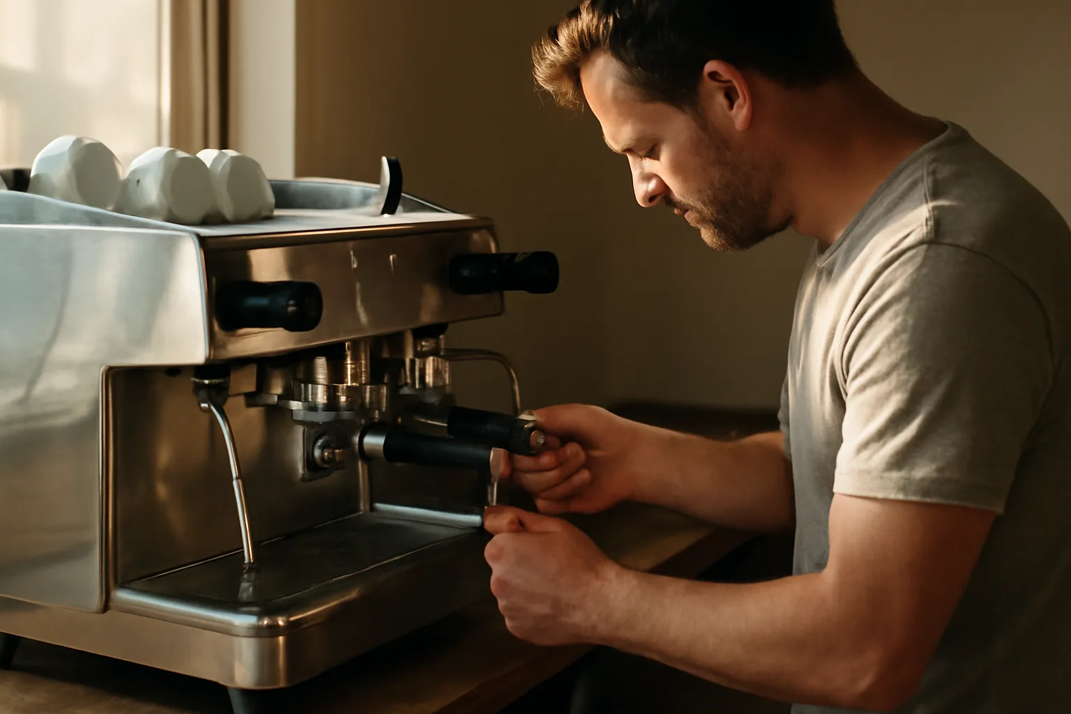 Technician working on an espresso machine in an Idaho cafe