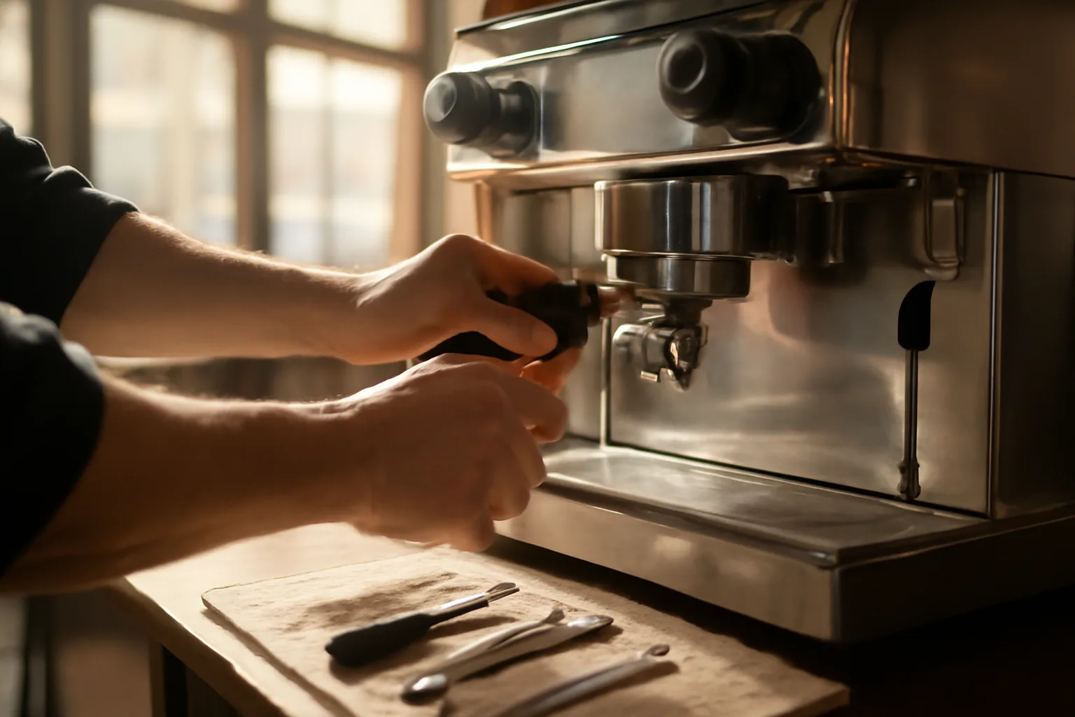 Technician servicing a commercial espresso machine group head in morning light