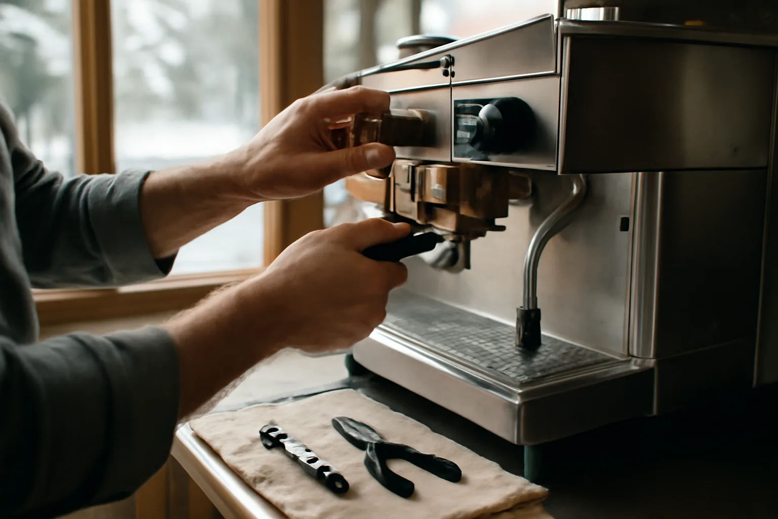Espresso equipment technician servicing a commercial machine in an Alaska cafe