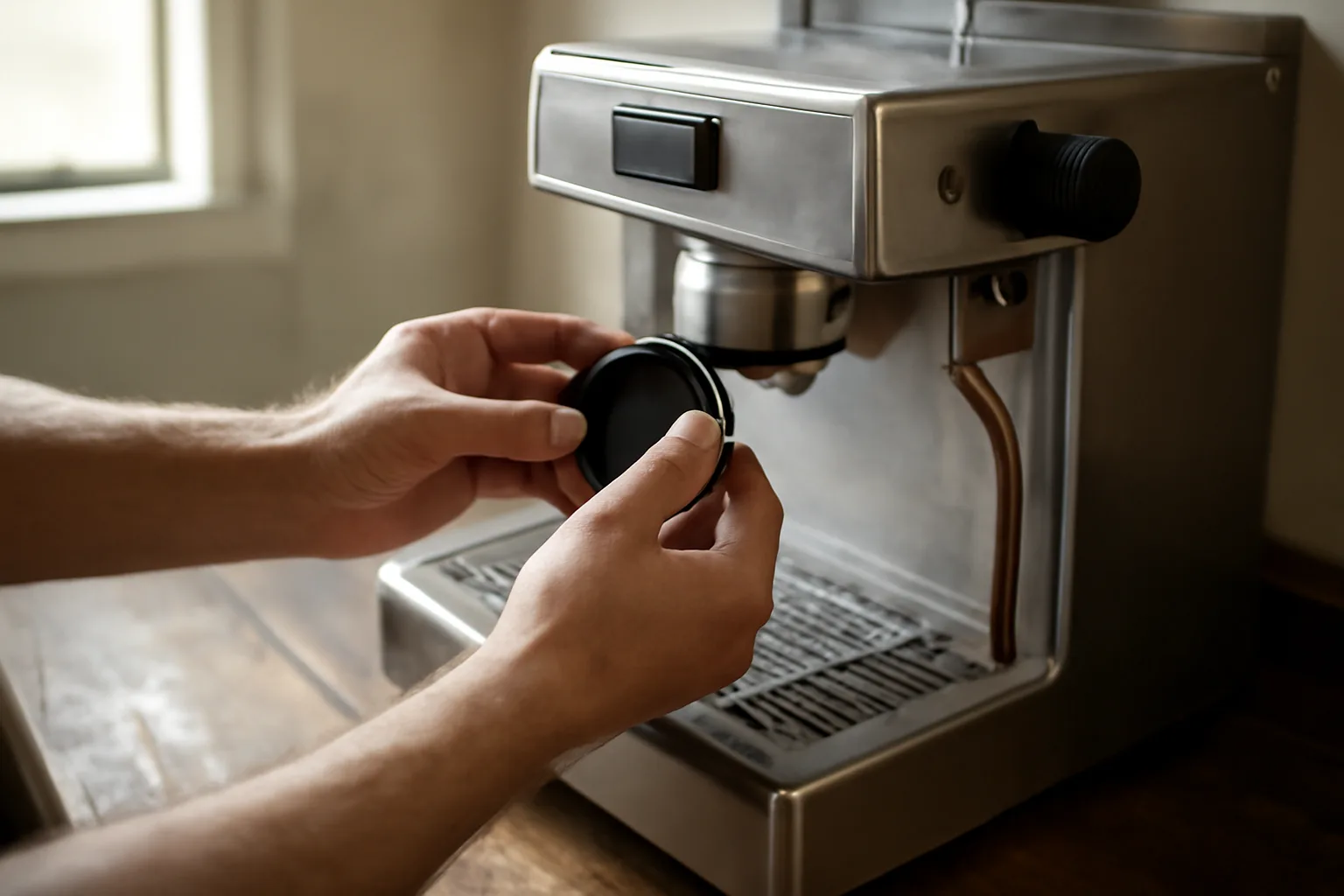 Hands servicing a commercial espresso machine in morning kitchen light