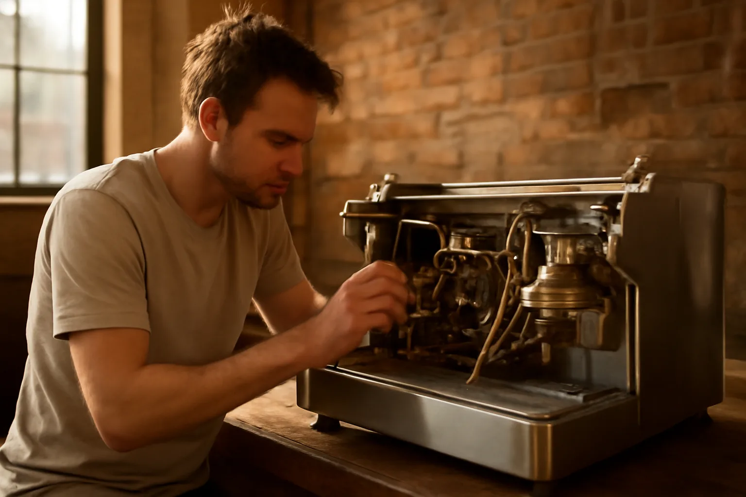 Technician servicing a stainless espresso machine in a Delaware cafe