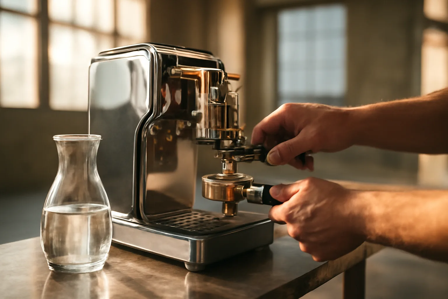Hands servicing a commercial espresso machine in a Tampa workshop