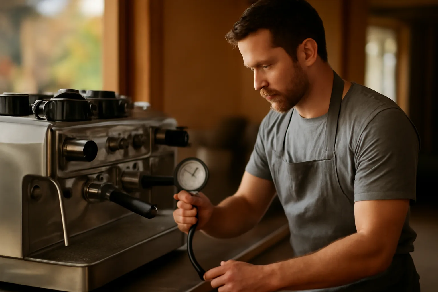 Technician testing commercial espresso machine pressure in a small Alabama coffee shop
