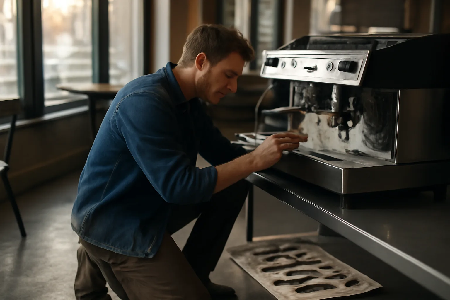 Espresso equipment technician working on commercial machine in an Alaska cafe