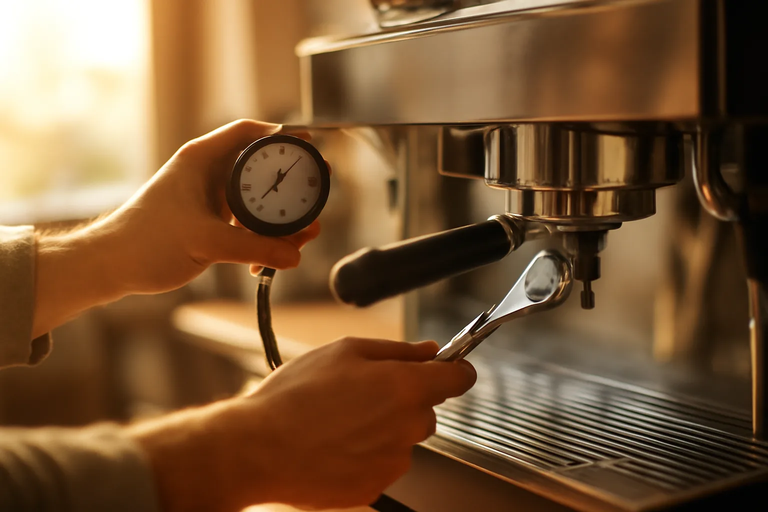 Technician testing pressure on a commercial espresso machine group head in Arizona