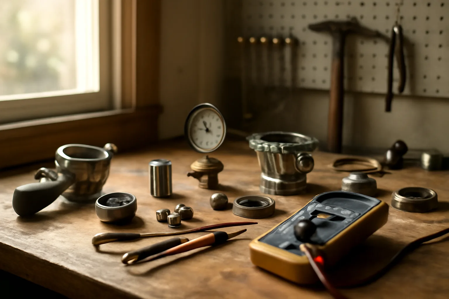 Workbench with espresso machine tools and parts in an Arkansas repair shop