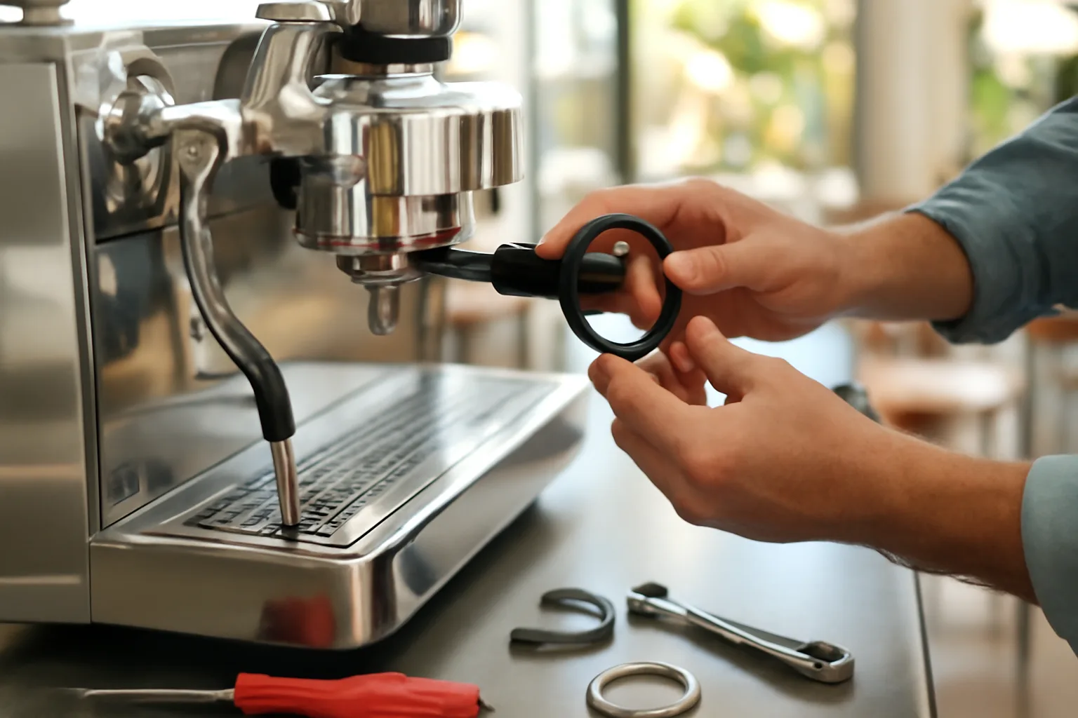 Espresso machine repair tech replacing a gasket in a California cafe.