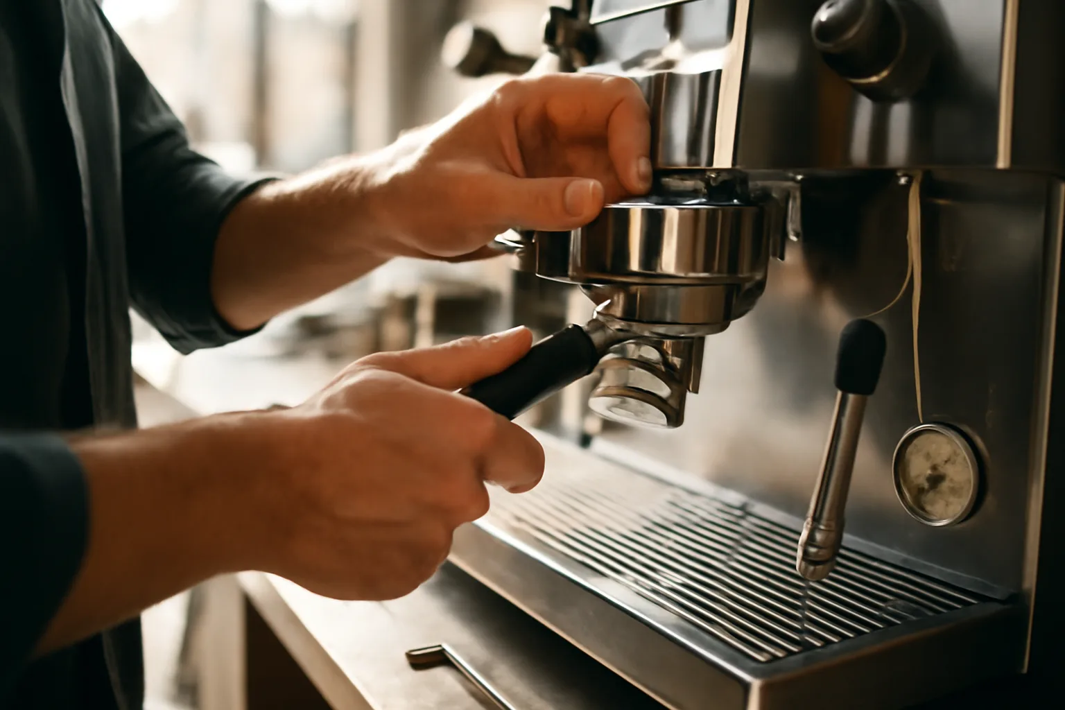 Technician hands adjusting commercial espresso machine group head in Denver cafe