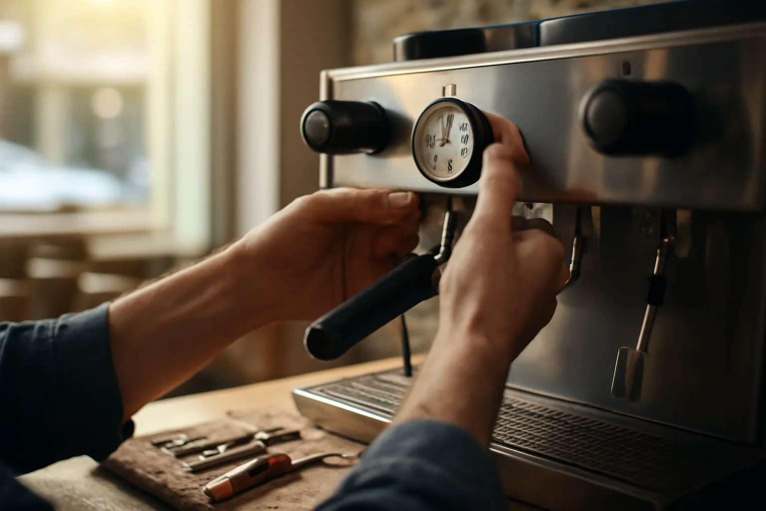 A technician working on a commercial espresso machine in a Connecticut cafe, tools on the counter