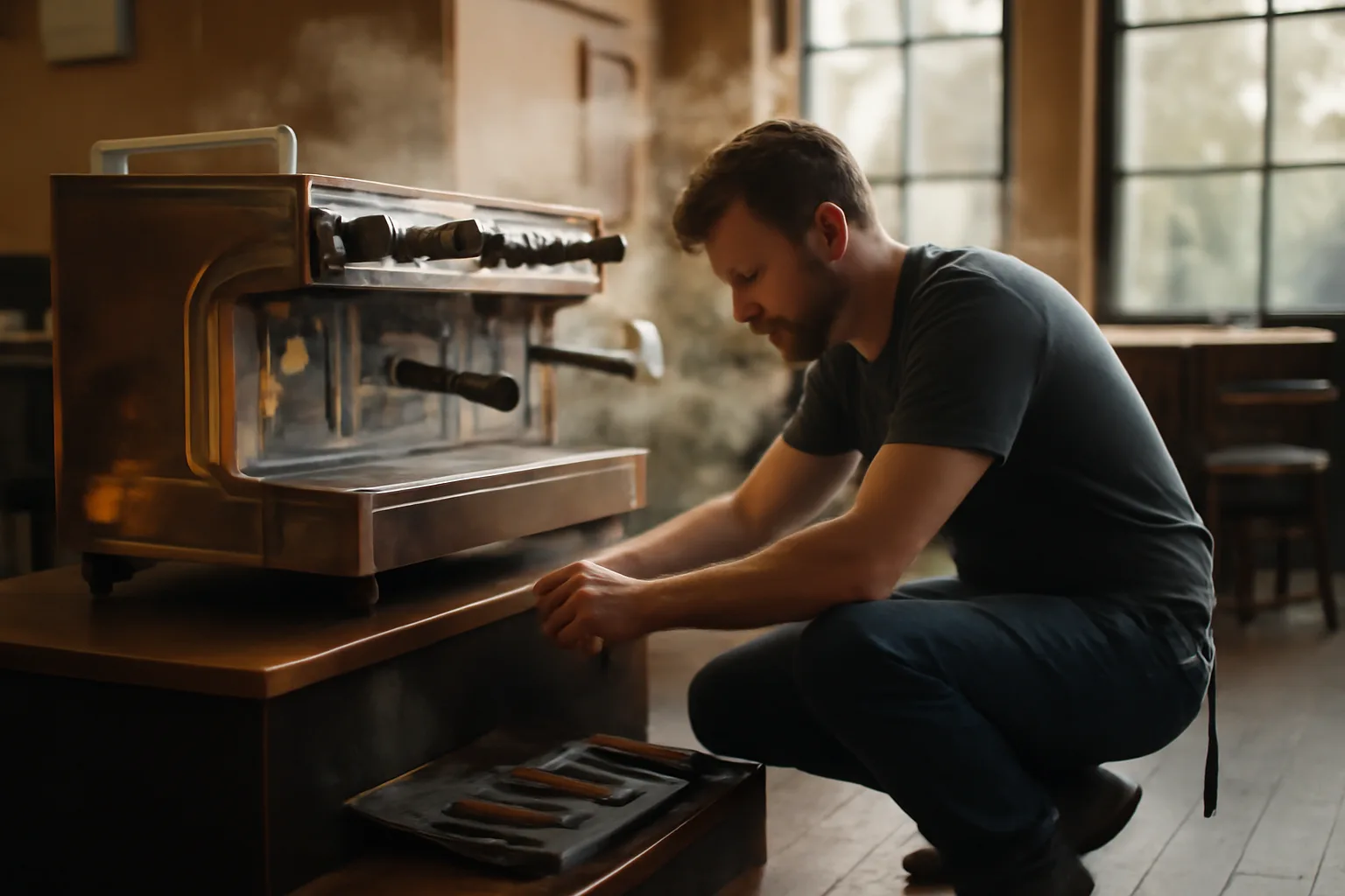 Technician servicing a cafe espresso machine in morning Delaware light