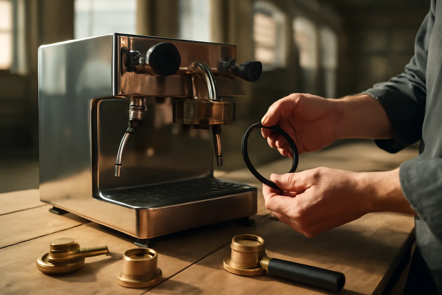 Technician servicing an espresso machine in a sunlit Tampa warehouse