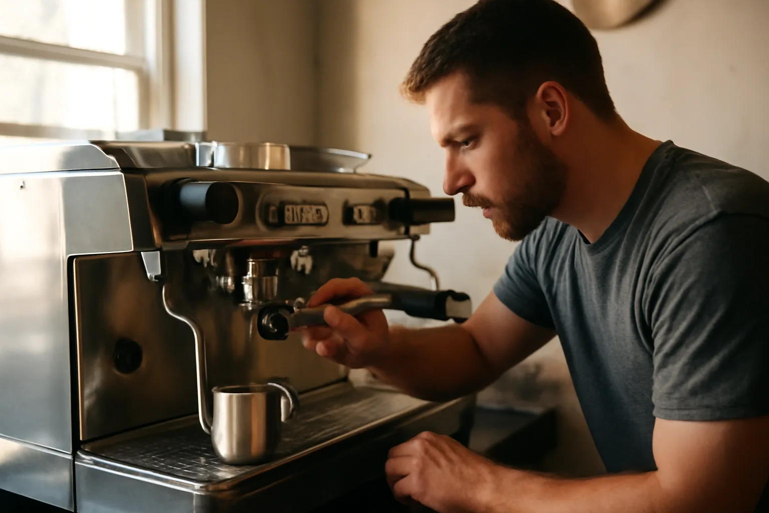 Technician servicing an espresso machine in an Atlanta cafe kitchen