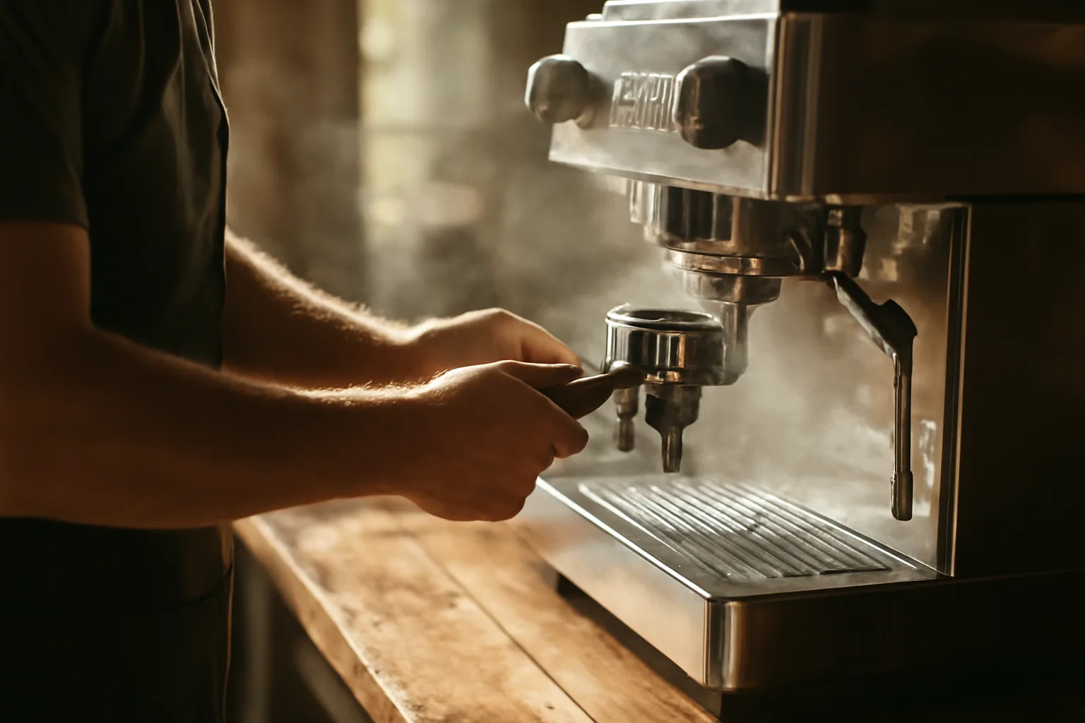 Hawaii espresso equipment tech seating a portafilter in morning light