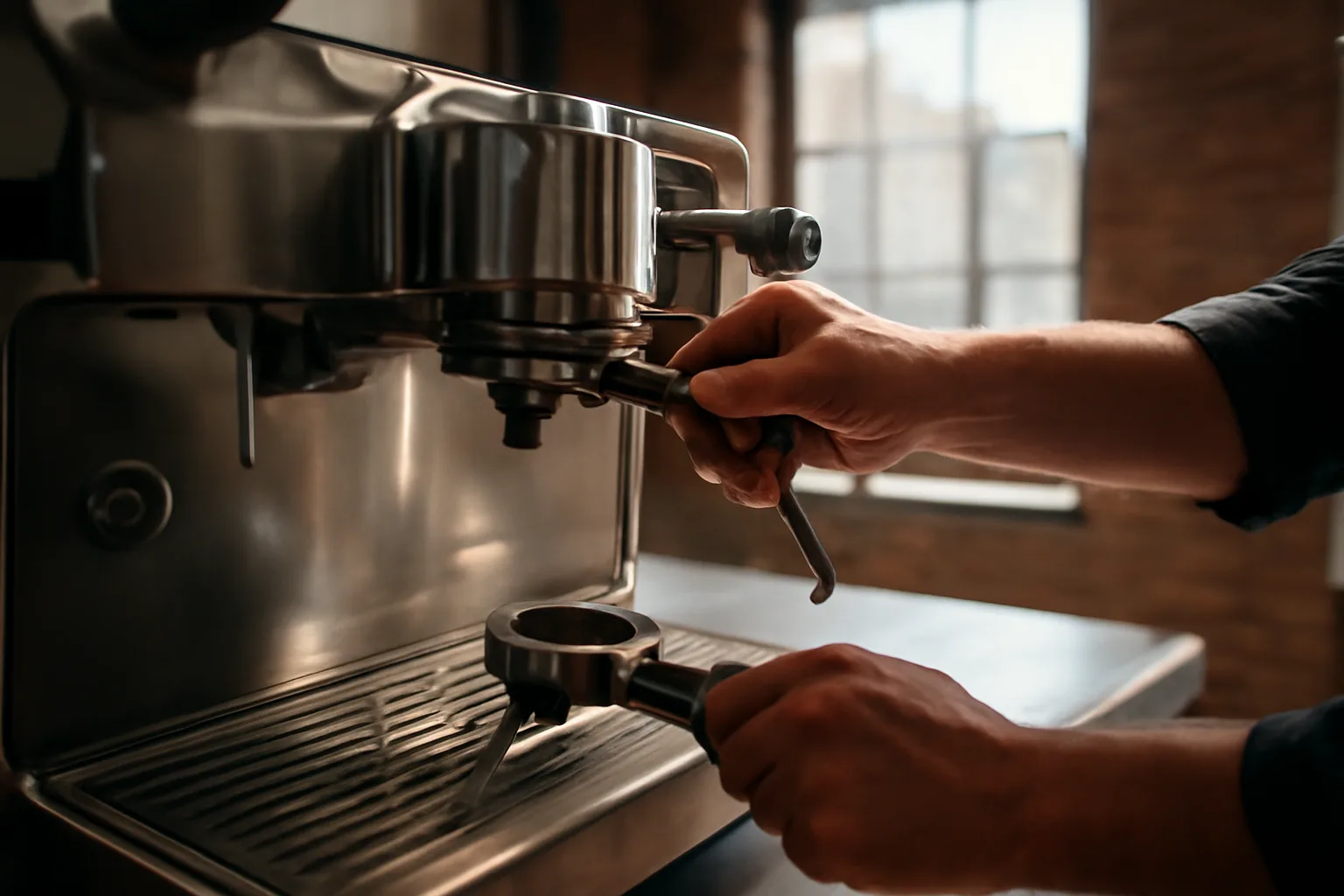 Technician servicing a commercial espresso machine in a Boise cafe